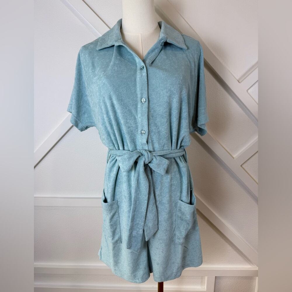 NWT Andie Swim Terry Button-Up Short Romper Cablu Blue Swim Cover Size S